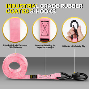 4Pcs Ratchet Tie Down Straps Kit for 2400lb Break Strength | 1” x 16FT Tie Down Straps with Soft Loop Tie-Downs & Safety S Hook - Cargo Strap Tie Down for Trucks, Motorcycle, Moving, Appliances - Pink