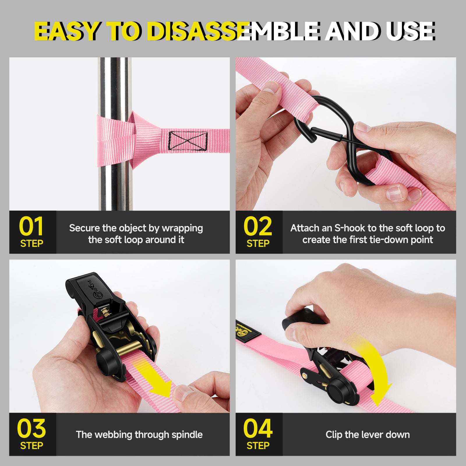 4Pcs Ratchet Tie Down Straps Kit for 2400lb Break Strength | 1” x 16FT Tie Down Straps with Soft Loop Tie-Downs & Safety S Hook - Cargo Strap Tie Down for Trucks, Motorcycle, Moving, Appliances - Pink