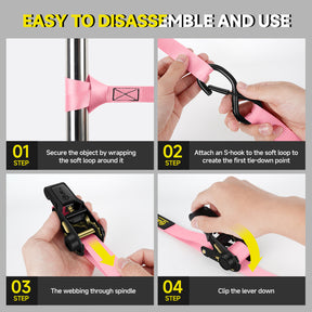 4Pcs Ratchet Tie Down Straps Kit for 2400lb Break Strength | 1” x 16FT Tie Down Straps with Soft Loop Tie-Downs & Safety S Hook - Cargo Strap Tie Down for Trucks, Motorcycle, Moving, Appliances - Pink