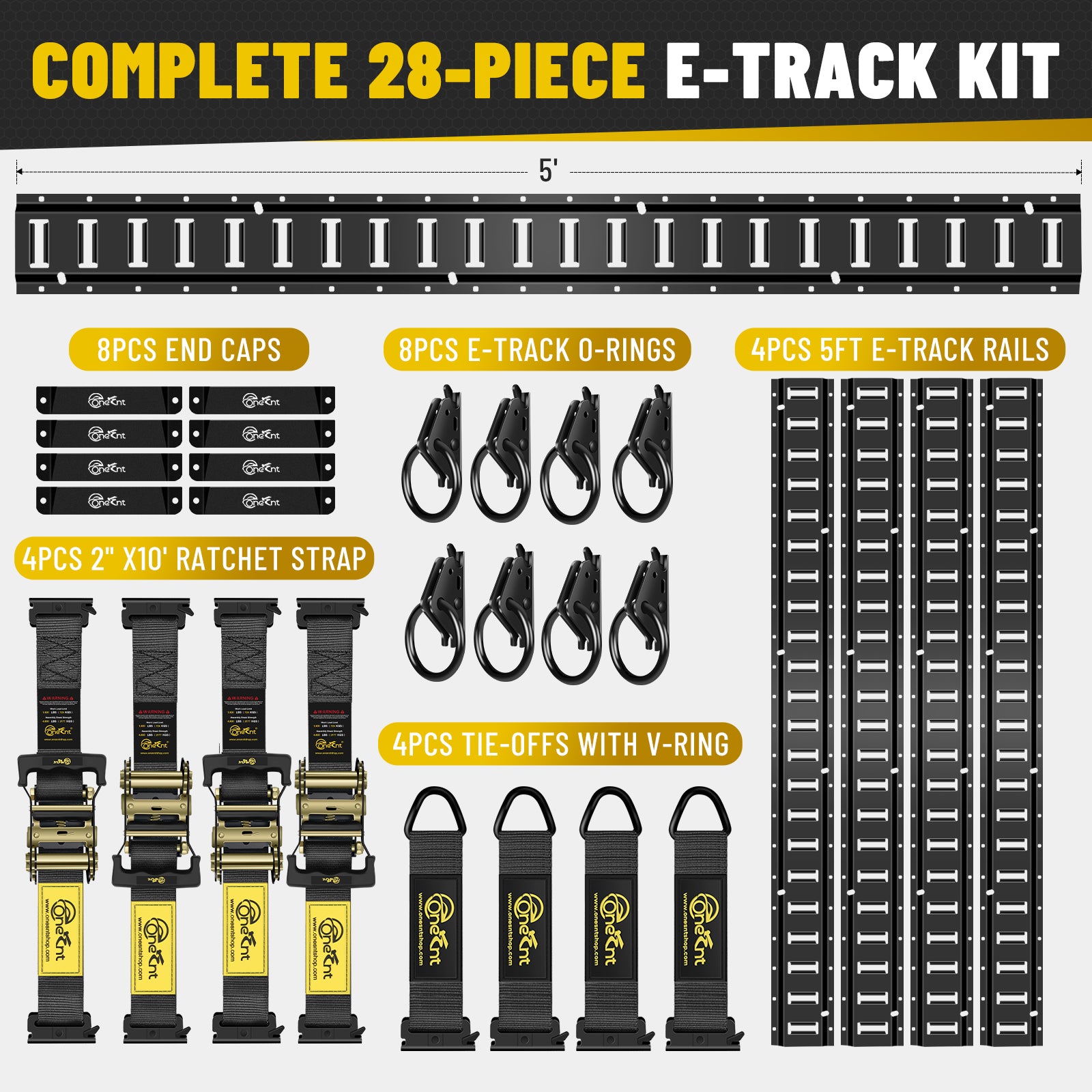 E-Track Tie-Down Rail Kit – Heavy-Duty (4) 5ft E-Track Rails, (4) 2" x 10' Ratchet Straps, 4 V-Ring Tie-Offs, 8 O-Ring Anchors & 8 End Caps for Cargo, Trailers, Trucks, Vans & Motorcycles