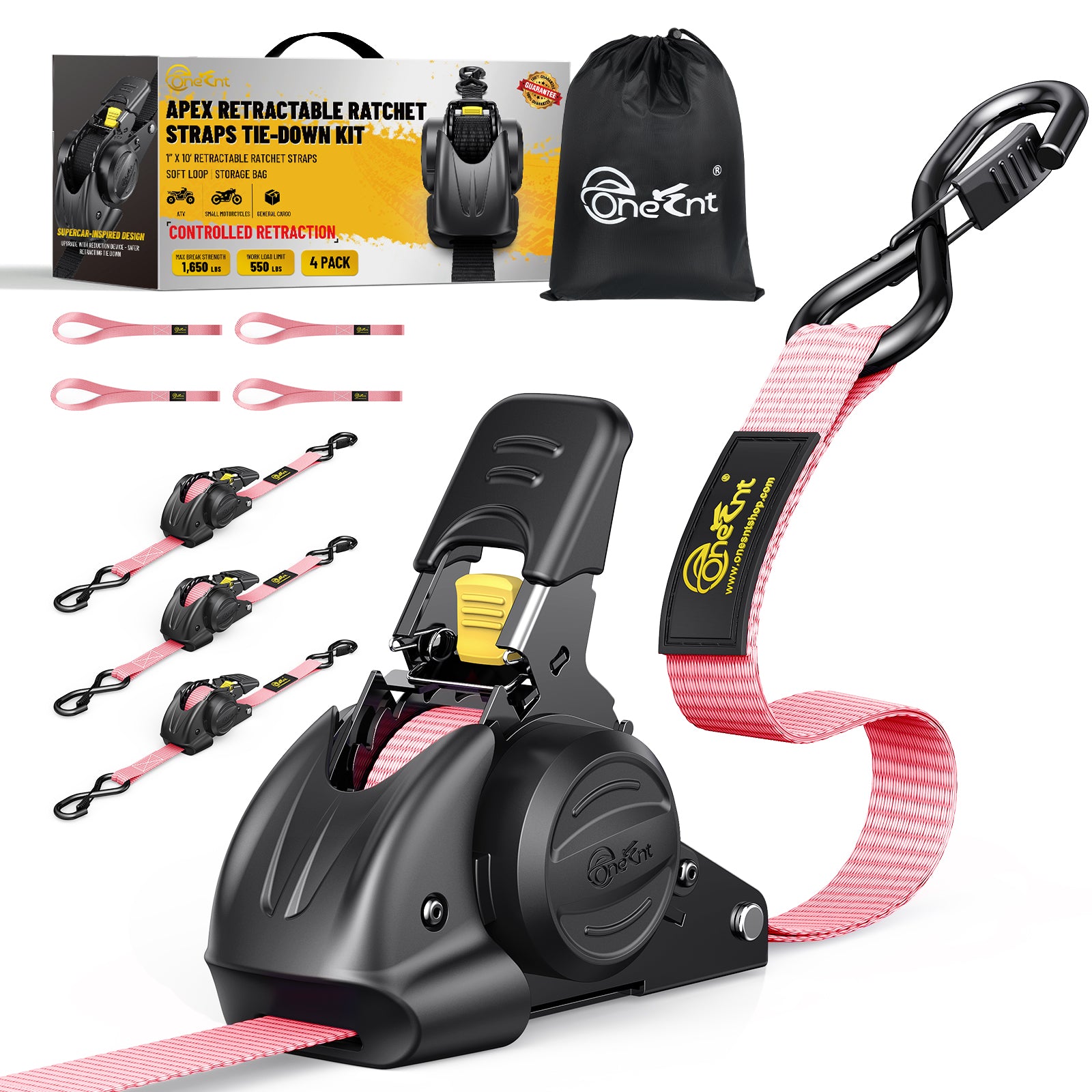 APEX Retractable Ratchet Straps (4-Pack) – 1 Inch x 10 Feet Auto Self Retracting Tie Down Straps, 1650LB Break Strength Heavy Duty Cargo Straps for Truck, Trailer, Motorcycle, ATV, UTV - Black