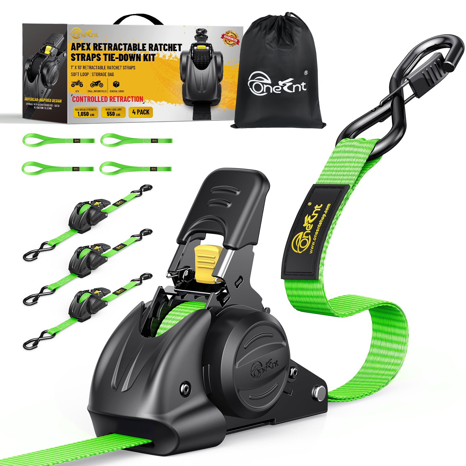 APEX Retractable Ratchet Straps (4-Pack) – 1 Inch x 10 Feet Auto Self Retracting Tie Down Straps, 1650LB Break Strength Heavy Duty Cargo Straps for Truck, Trailer, Motorcycle, ATV, UTV - Black