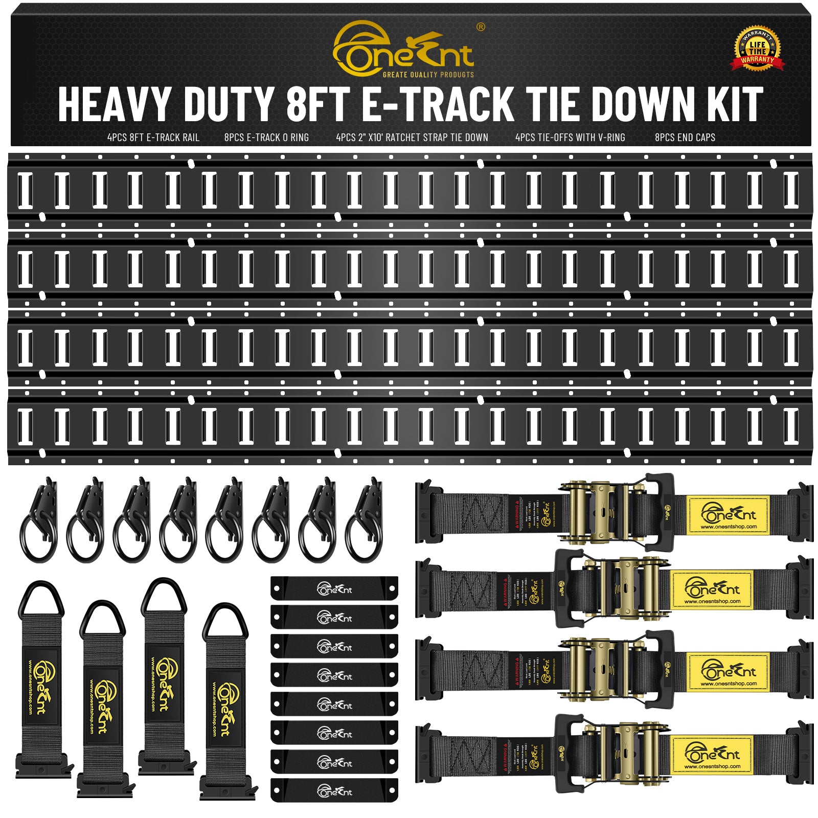 E-Track Tie-Down Rail Kit – Heavy-Duty (4) 5ft E-Track Rails, (4) 2" x 10' Ratchet Straps, 4 V-Ring Tie-Offs, 8 O-Ring Anchors & 8 End Caps for Cargo, Trailers, Trucks, Vans & Motorcycles
