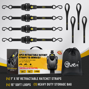 APEX Retractable Ratchet Straps (4-Pack) – 1 Inch x 10 Feet Auto Self Retracting Tie Down Straps, 1650LB Break Strength Heavy Duty Cargo Straps for Truck, Trailer, Motorcycle, ATV, UTV - Black